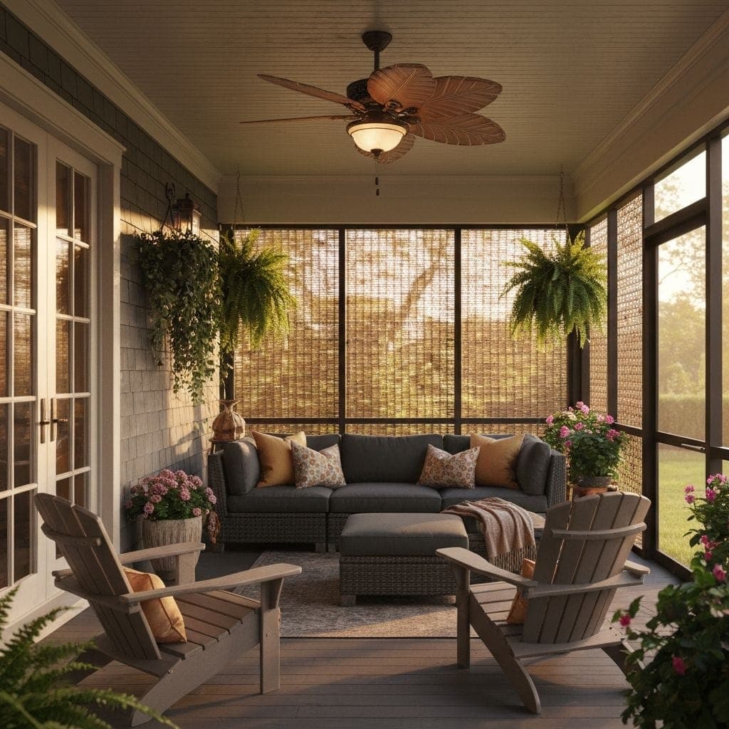 Beautiful custom screened porch with ceiling fan built by Build Moore Exteriors